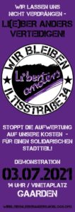 Flyer zur im Text beschriebenen Demo in den Farben lila, schwarz und weiß.